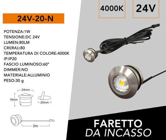5 Pezzi, Mini Faretti LED da Incasso 24V DC 1W, Foro Ø20 mm, 80 lm, CRI≥80, Fascio 60°, Cavo 2 m, Faretti LED per Mobili, Cucina, Camper, Barca e Vetrine, Modello 24V-20