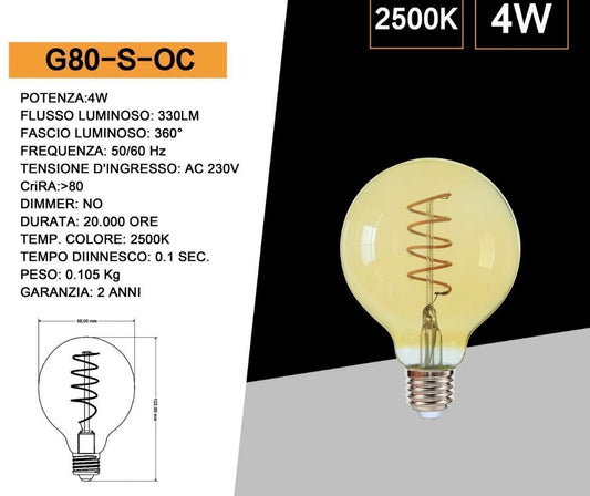 Lampadine LED Decorative E27 G80 Vintage, Confezione da 5 Pezzi, 4W 2500K, 330LM, Globo Ø80mm, Vetro Ambrato con Filamento Spirale, Luce Extra Calda, 360°, Non Dimmerabile, Modello G80-S-OC