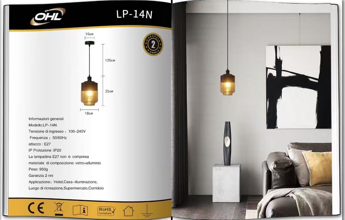 Lampadario a Sospensione E27 in Vetro e Metallo Stile Moderno Industriale, Luce Decorativa per Soggiorno Sala da Pranzo Camera da Letto – LP-14N
