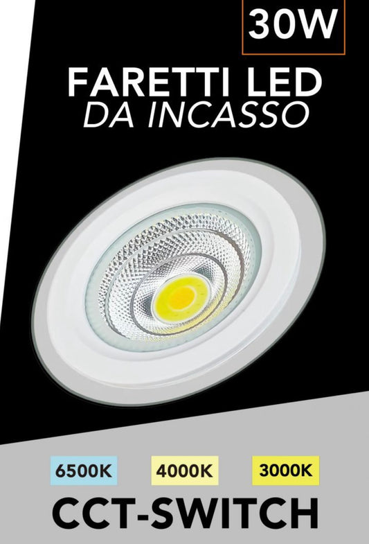 Faretto LED da Incasso Rotondo COB 30W 3100LM, 3 Temperature Colore Selezionabili 3000K 4000K 6500K, Ø240mm, Foro Ø205mm, Fascio 120°, CRI≥80, IP20, 1 Pezzo, COB-205-3C