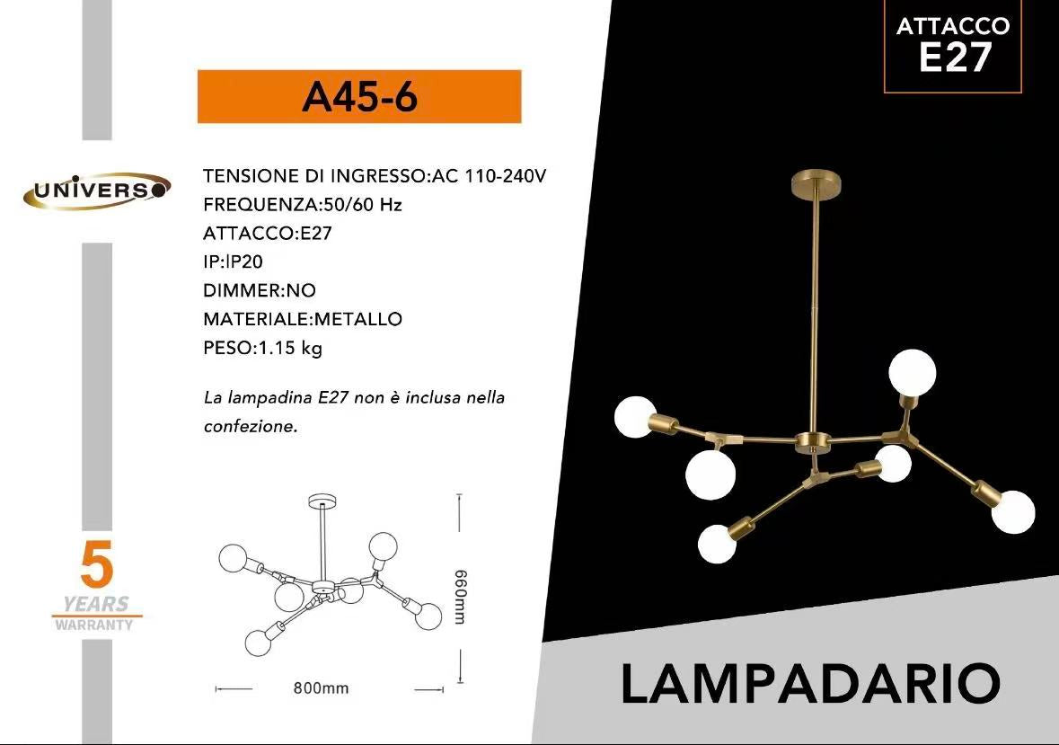 Lampadario Moderno a 6 Luci E27, Design Bracci Regolabili, Metallo Oro, Ideale per Soggiorno Cucina Camera da Letto – A45-6