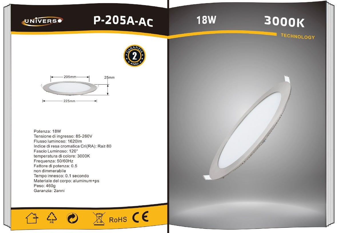 Faretto LED da Incasso 18W 1620LM, Pannello LED Rotondo Ultrasottile Ø225mm, Foro Ø205mm, Luce Calda 3000K, Fascio 120°, CRI≥80, Bianco, 1 Pezzo, P-205A-AC