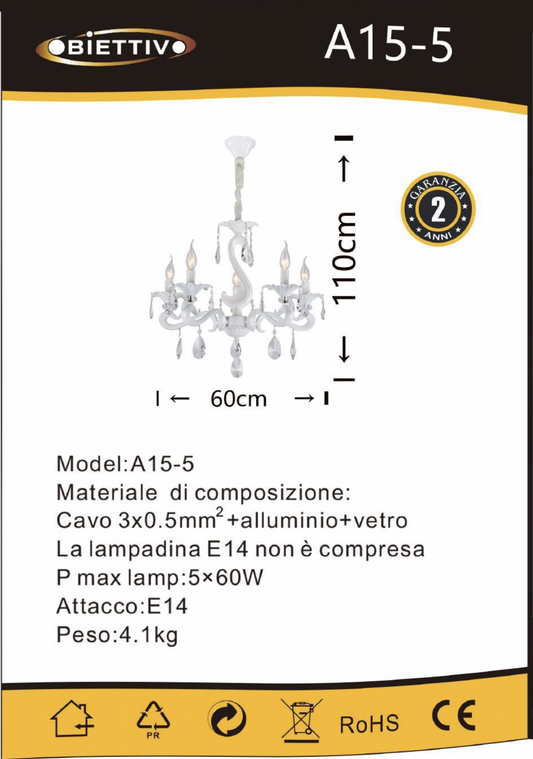 TEKHOME Lampadario Sospeso Moderno a 5 Bracci con Paralumi in Vetro, Design Lineare e Struttura Bianca, Attacco E14 60W, per Soggiorno Cucina Camera, 60cm, Bianco (Senza Lampadine) A15-5