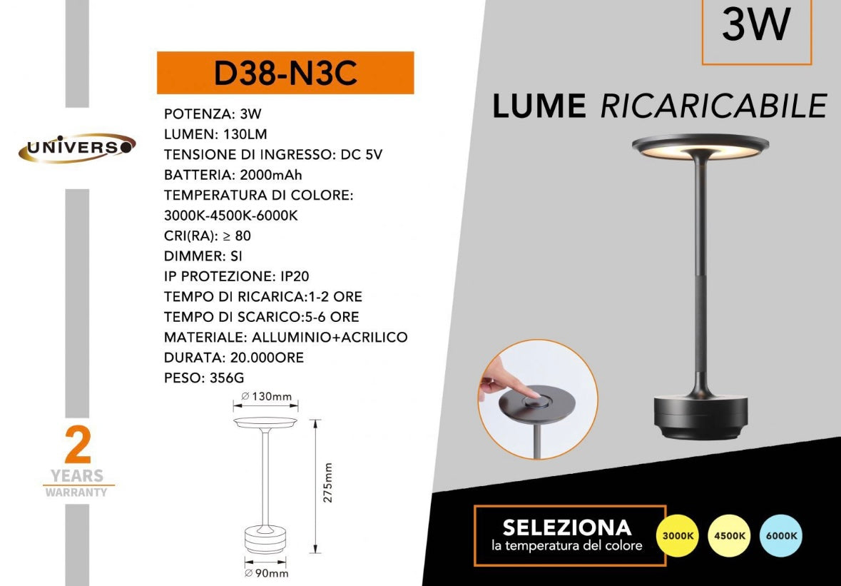 Lampada da Tavolo LED Ricaricabile 3W – Touch Dimmer, 3 Temperature di Colore 3000K/4500K/6000K, Luce Notturna Moderna in Alluminio, Senza Fili – Nero/Oro D38