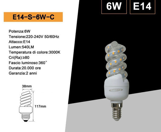 Lampadine LED E14 6W, Confezione da 10 Pezzi, 540LM, 3000K/4000K/6500K, Lampadina a Spirale LED, Luce Calda/Naturale/Fredda, CRI>80, 360°, Risparmio Energetico, Modello E14-S-6W