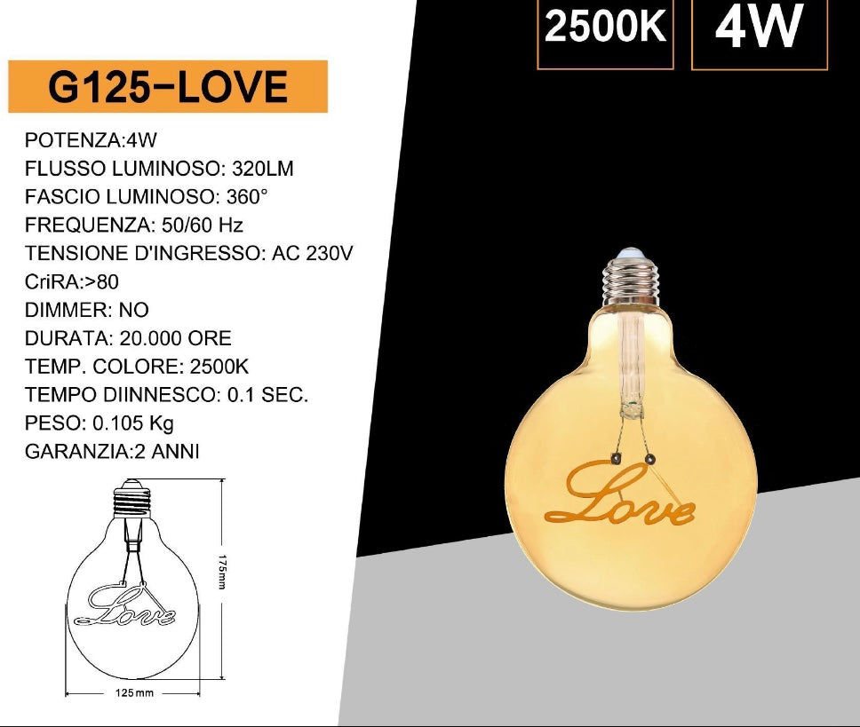 Lampadine LED Decorative E27 G125 Love, Confezione da 5 Pezzi, 4W 2500K, 320LM, Globo XL Ø125mm, Vetro Ambrato, Design con Scritta “Love”, Luce Extra Calda, 360°, Modello G125-LOVE