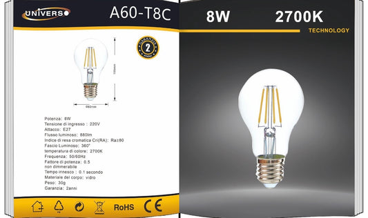Lampadine LED E27 A60 8W, Confezione da 5 Pezzi, 880LM, 2700K/4000K/6500K, Lampadine in Vetro Trasparente, Luce a 360°, Basso Consumo Energetico, Non Dimmerabili, Modello A60-T8