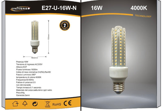Lampadine LED E27 16W, Confezione da 10 Pezzi, 1600LM, 3000K/4000K/6500K, Luce Calda, Naturale e Fredda, Lampadina LED a U, CRI>80, Illuminazione 360°, Risparmio Energetico, Modello E27-U-16W