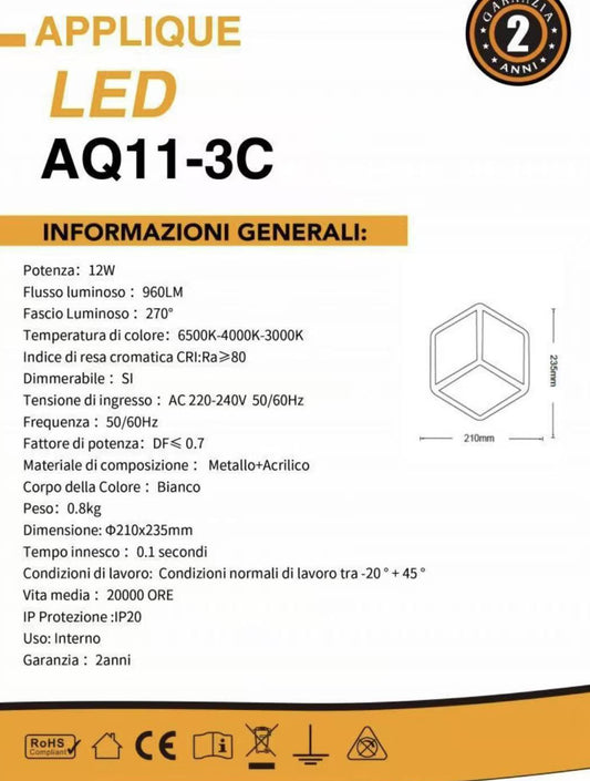 TEKHOME Applique da Parete LED 12W Forma Cubo Geometrico Bianco, Lampada da Muro Moderna 3000K-6500K CCT, Illuminazione Decorativa Interna Camera da Letto e Soggiorno AQ11-3C