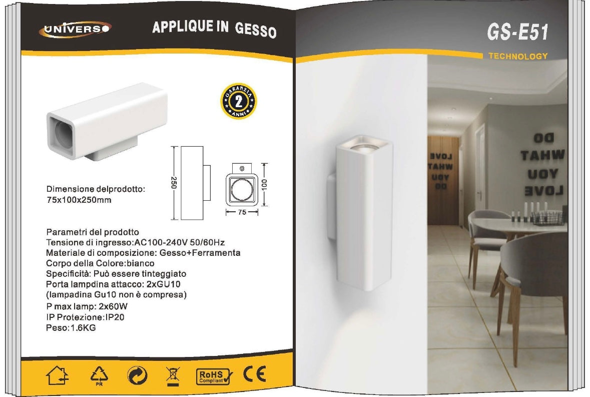TEKHONE Applique da Parete in Gesso Verniciabile, Lampada da Muro Biemissione con 2x GU10, Design Moderno per Interni, Bianco – GS-E51