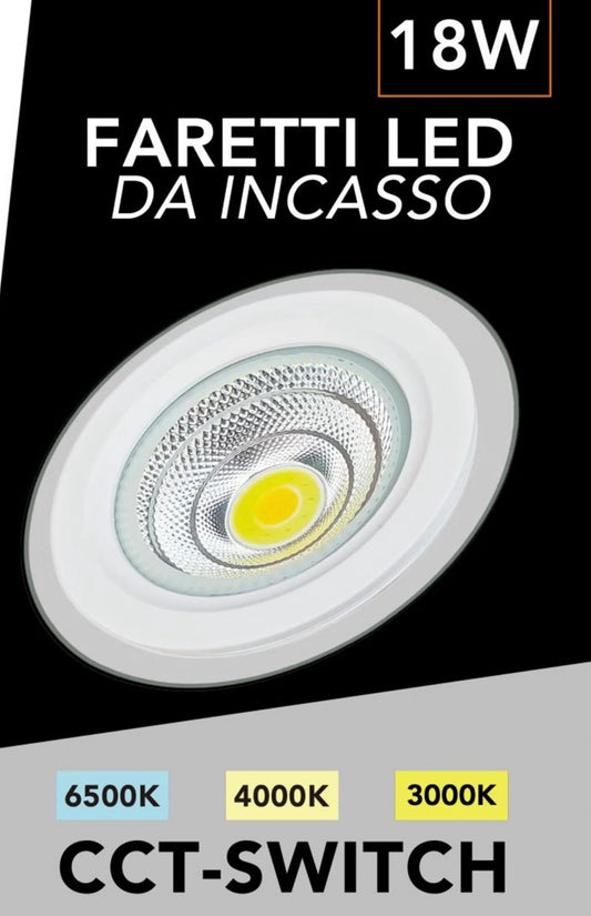 Faretto LED da Incasso Rotondo COB 18W 1690LM, 3 Temperature Colore Selezionabili 3000K 4000K 6500K, Ø200mm, Foro Ø165mm, Fascio 120°, CRI≥80, IP20, 1 Pezzo, COB-165-3C