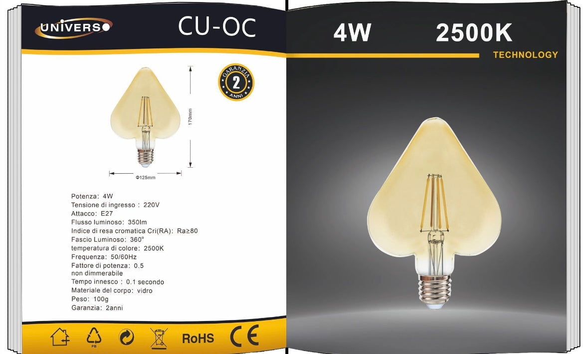 Lampadine LED Decorative E27 a Forma di Cuore, Confezione da 5 Pezzi, 4W 2500K, 350LM, Vetro Ambrato, Luce Extra Calda, 360°, Lampadina Design per Decorazione, Modello CU-OC