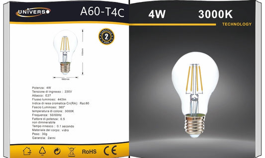 Lampadine LED E27 A60 4W, Confezione da 5 Pezzi, 440LM, 3000K/4000K/6500K, Lampadine in Vetro Trasparente, Luce a 360°, Basso Consumo Energetico, Modello A60-T4