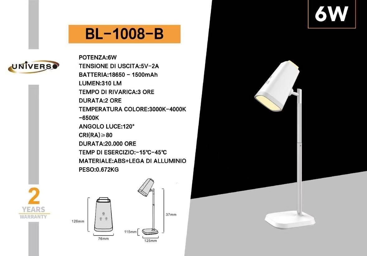 Lampada da Tavolo LED Ricaricabile 6W – Senza Fili, 3 Temperature di Colore 3000K/4000K/6500K, Orientabile, Batteria Integrata, Luce per Scrivania e Comodino BL-1008