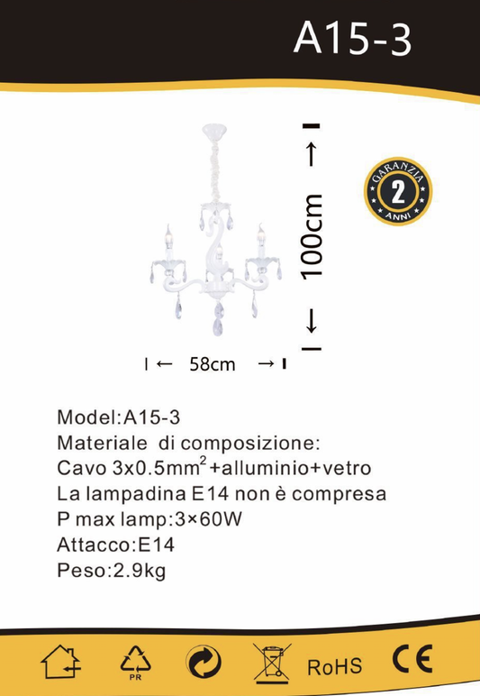 TEKHOME Lampadario Sospeso Design con 3 Luci, Vetro e Struttura Bianca, Attacco E14, 60W Max per Lampada, per Interni (Lampadine Non Incluse) A15-3