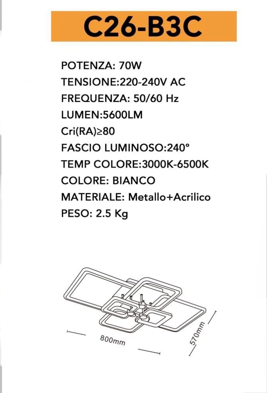 TEKHOME Plafoniera LED Soffitto, Lampada da Soffitto LED 3000K-6500K Plafoniera Soggiorno Moderna, Rettangolare Luce a soffitto da per Camera da Letto (80CM, White) C26-B3C