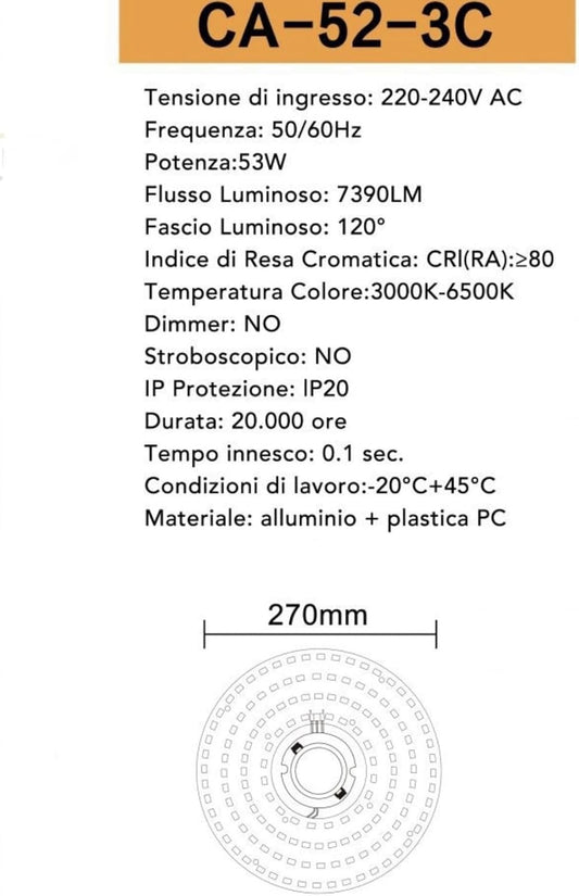 TEKHOME DISCO LED con Calamita 27CM, 52W, CCT 3000K-6500K, Luce a Tre Colori, Installazione Magnetica, Non Dimmerabile. CA-52-3C