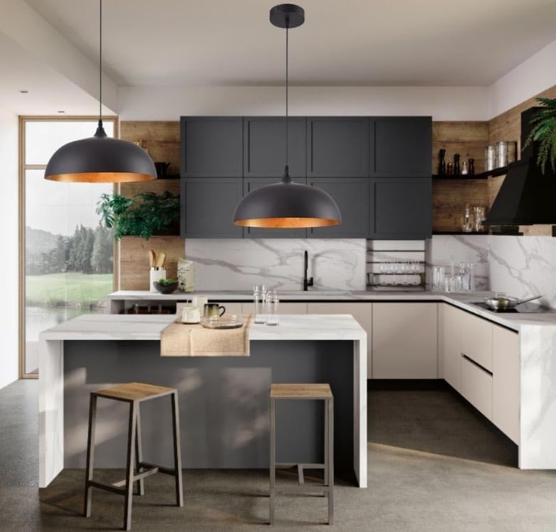 Lampadario a sospensione stile contemporaneo in metallo pendente a cupola attacco E27 luce tavolo cucina di colore nero o bianco Ø35 cm B90