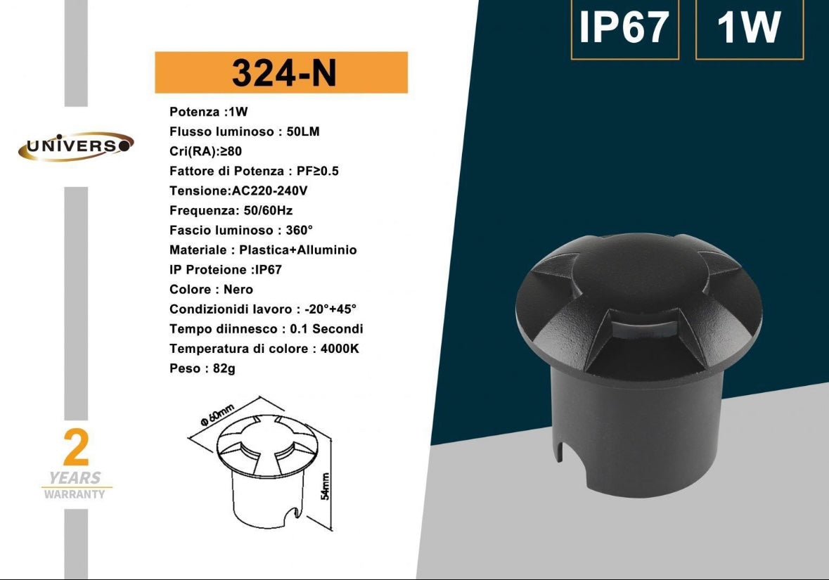 Faretto da Incasso da Terra LED IP67 1W per Esterno, Corpo Nero, Ultra Resistente, Illuminazione per Giardino, Scale, Percorsi – 360° Fascio Luminoso-324