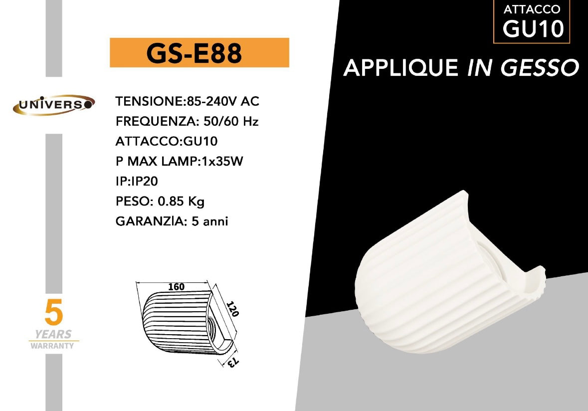 Applique in Gesso da Parete, Attacco GU10, Verniciabile, Design Moderno Minimal, Lampada da Muro per Interni, IP20 GS-E88