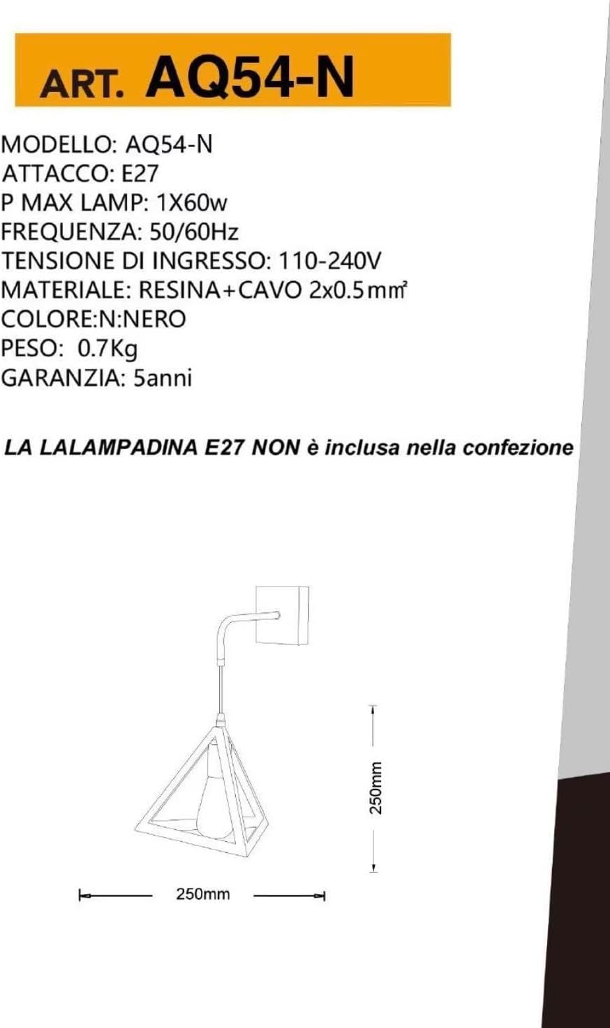 Applique da Muro E27 Ferro Battuto Design Geometrico Triangolare, 1xE27, Nero/Bianco, Vintage Industriale per Interni AQ54