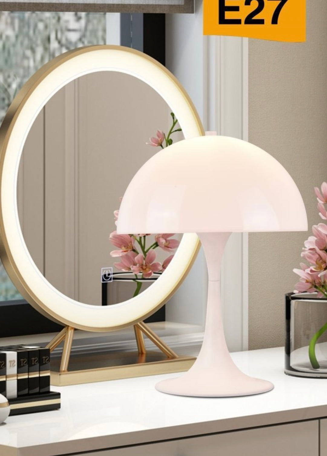 Lampada da Tavolo E27 – Design Moderno a Fungo, Lampada da Comodino/Scrivania, Metallo e Resina, Colore Bianco, Max 60W D12-B