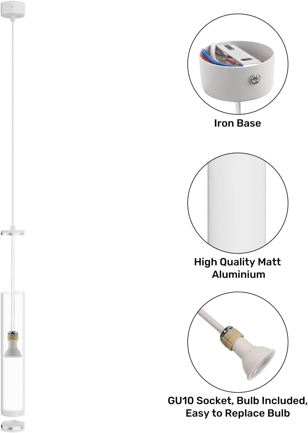 Lampada a Sospensione Cilindro Moderne GU10, Lampadario a Sospensione Alluminio per Soggiorno Camera da Letto Cucina Comodino, portata max 35W, misura 30cm, Bianco/NERO SP-01