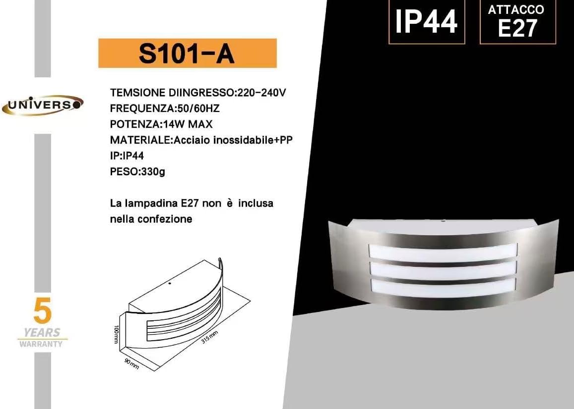 Applique da Esterno E27 IP44, Lampada da Parete in Acciaio Inossidabile e PP, Design Moderno Curvo, Attacco E27 (Lampadina non inclusa), per Facciata, Balcone e Giardino s101