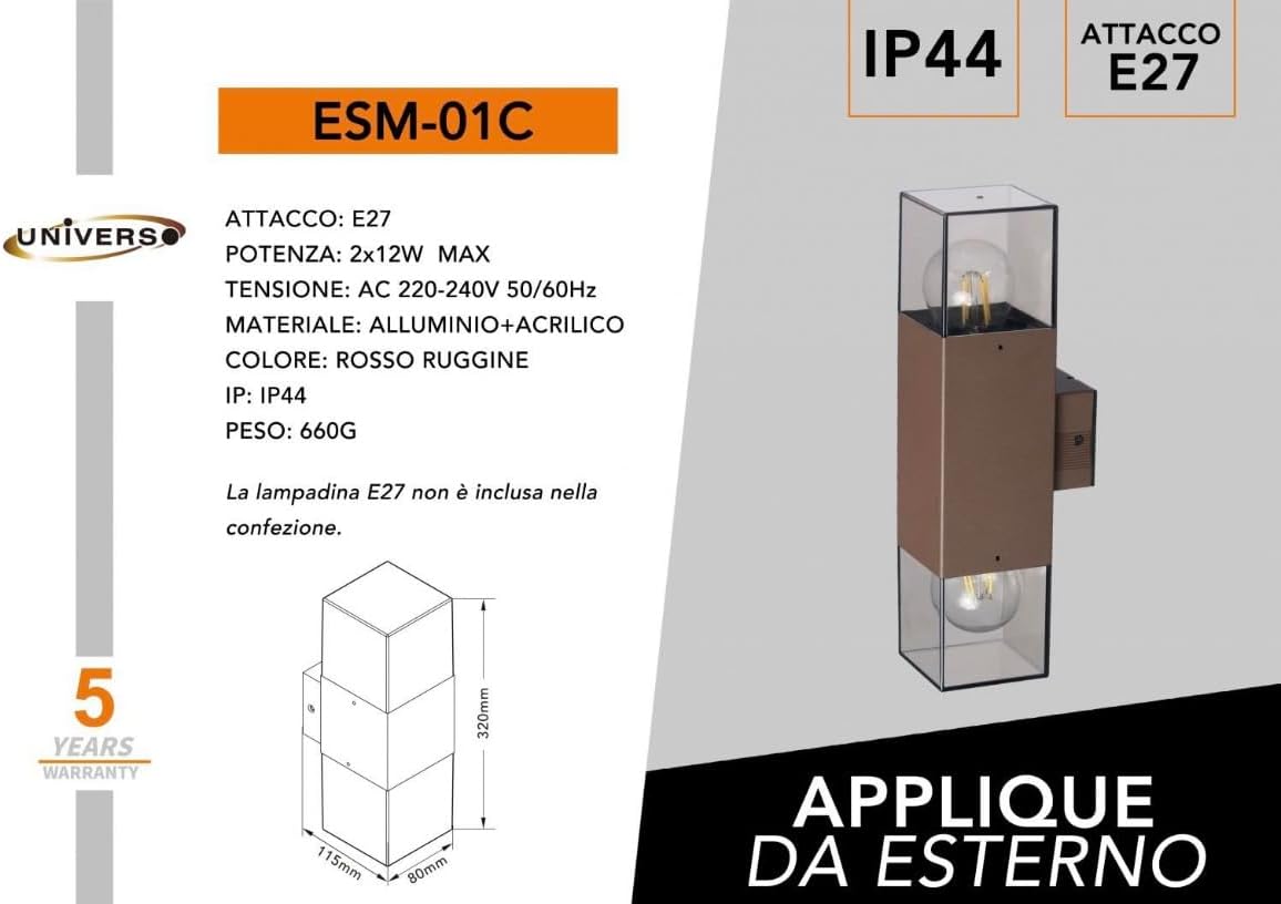 Applique da Esterno IP44 con Attacco E27, Lampada da Parete in Alluminio e Acrilico, 2xE27 12W, Design Moderno Doppia Luce Su e Giù, per Facciata, Giardino e Balcone – Colore Ruggine ESM-01C