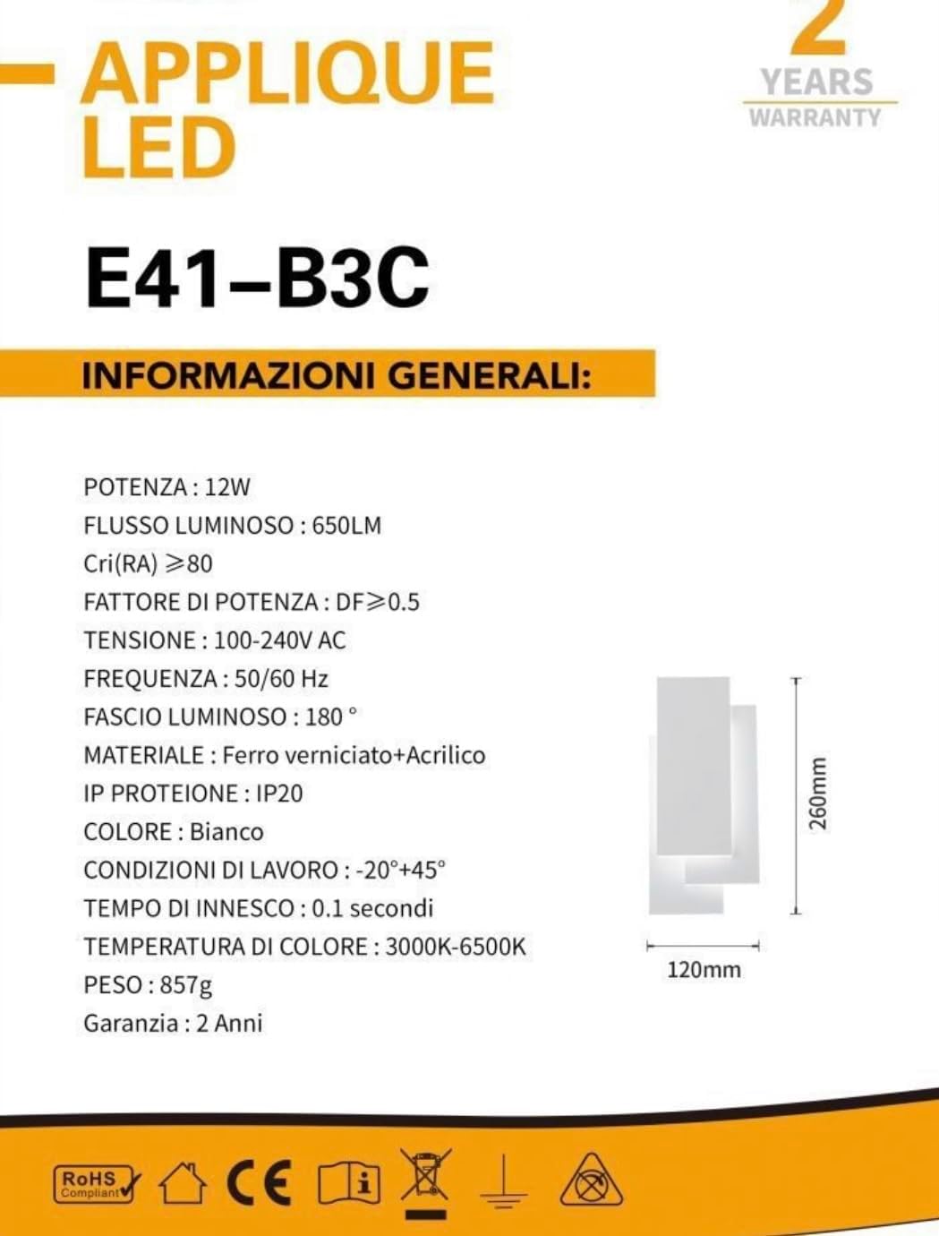 TEKHOME Applique da Muro LED 12W Rettangolare Bianca, Lampada da Parete Moderna in Ferro e Acrilico, 3000K-6500K Regolabile, Design Decorativo per Camera da Letto Soggiorno Corridoio E41-B3C