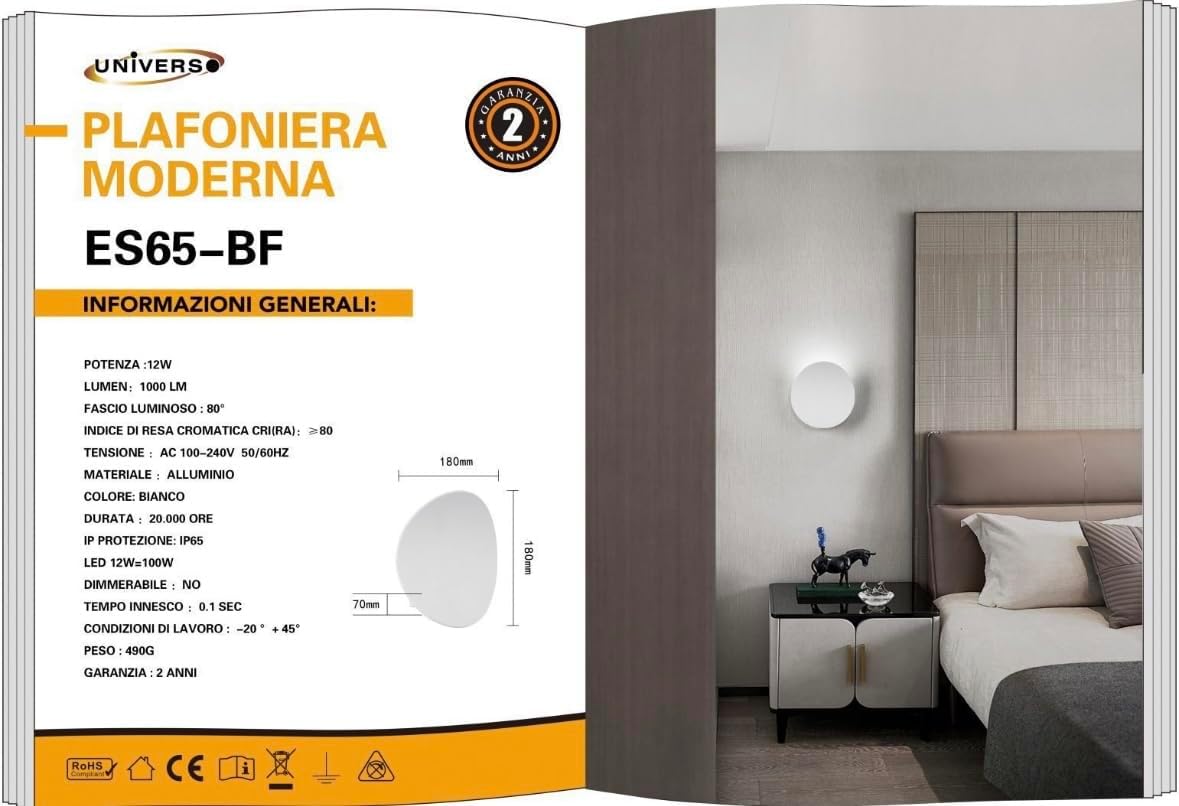 Plafoniera LED da Esterno 12W IP65 – Lampada da Parete Rotonda Moderna, Alluminio Bianco, Luce 3000K/4000K/6500K, Ideale per Interni ed Esterni ES65