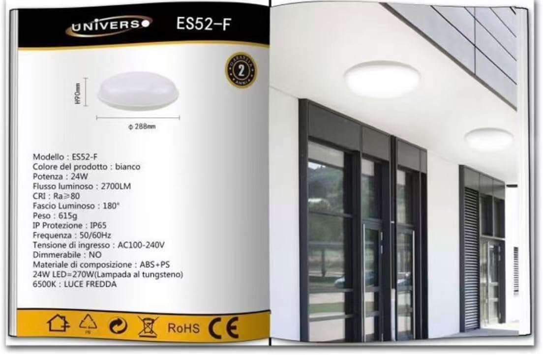 Plafoniera LED da Soffitto Esterno 24W IP65 – Lampada Impermeabile per Balcone, Garage e Corridoio, 2700LM, in ABS+PS, Luce Calda/Naturale/Fredda ES52