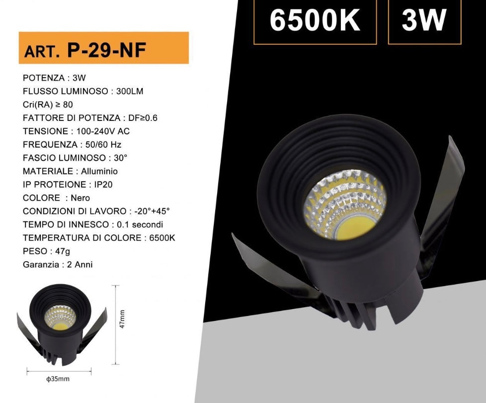Faretti LED da Incasso 3W, Kit da 5 Pezzi, COB LED 300 lm, Foro Ø35 mm, 3000K/4000K/6500K, Fascio 30°, AC 100-240V, Corpo in Alluminio, Faretto da Soffitto per Casa, Negozi e Uffici,P-29