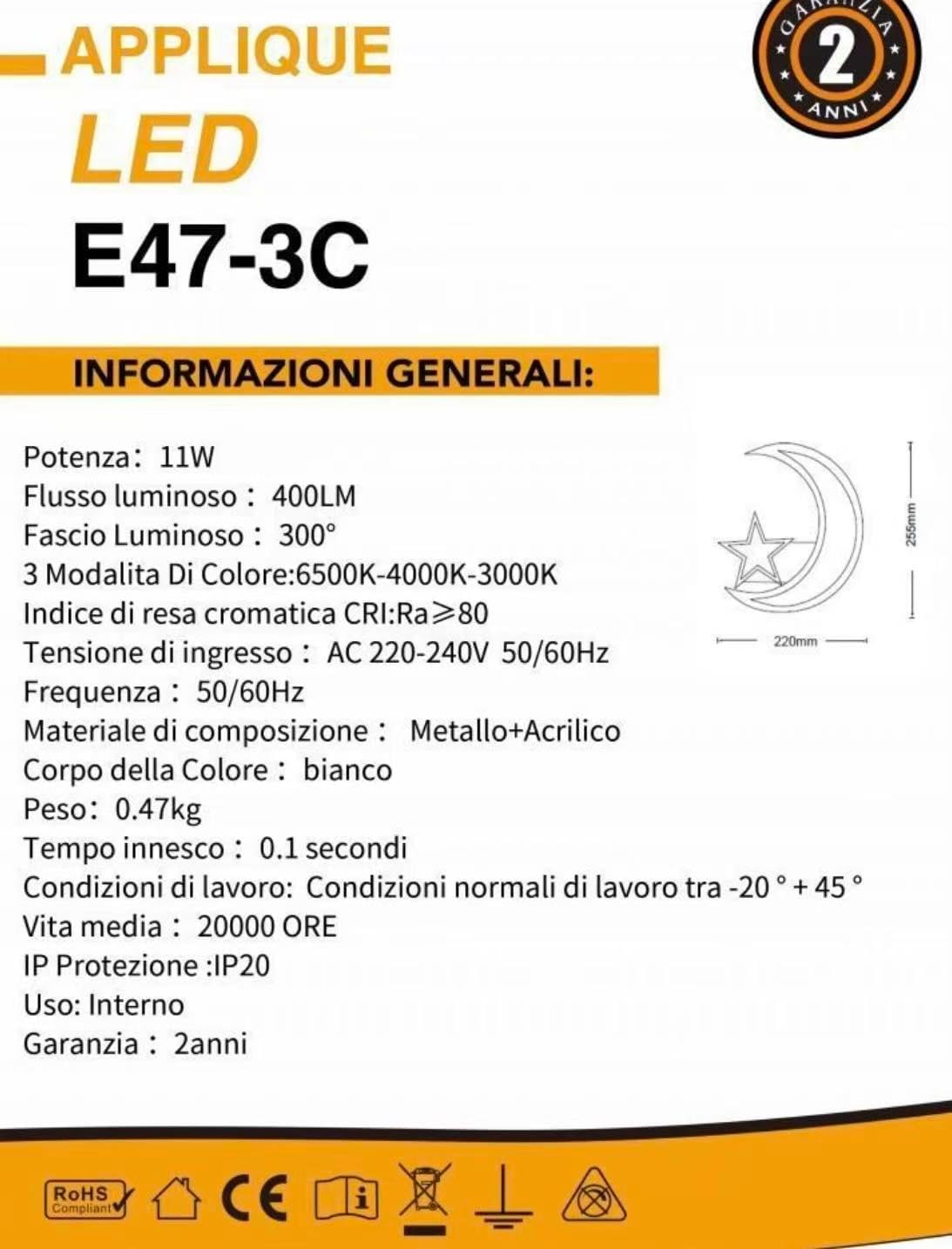 TEKHOME Applique da muro LED 11W design luna e stella, lampada decorativa da parete moderna 3000K-6500K, bianco E47-3C