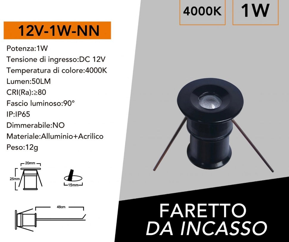 5 Pezzi,Mini Faretto LED da Incasso IP65 DC12V 1W, Luce 3000K / 4000K /6500K / Blu/Rossa/Verde, Foro Ø15 mm, Illuminazione per Scale, Pavimenti, Giardino, Deck e Piscina, 12V-1W