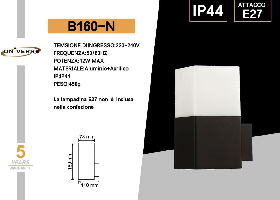 Applique da Esterno E27 IP44, Lampada da Parete Moderna in Alluminio e Acrilico, Attacco E27 (Lampadina non inclusa), Colore Bianco o Nero, per Facciata, Balcone e Giardino B160