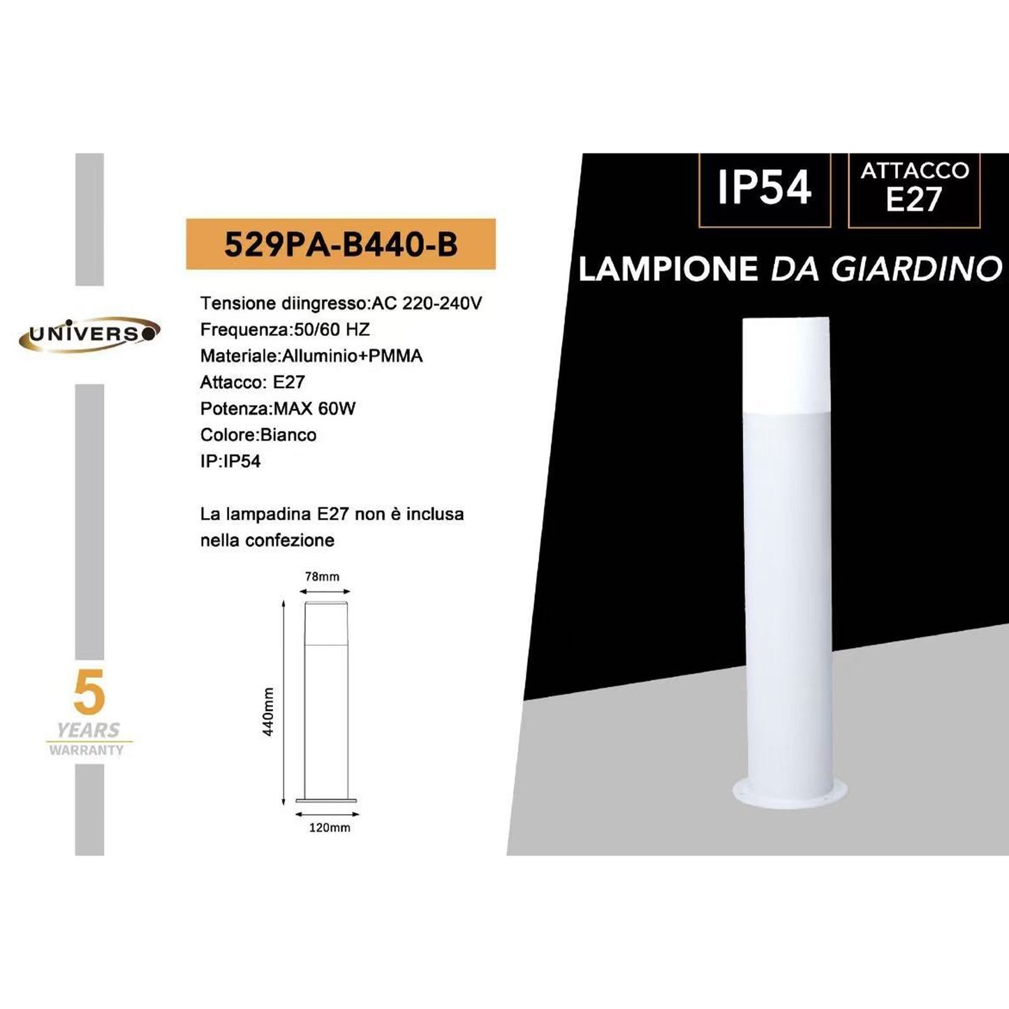 Lampione da Giardino IP54 E27 | Paletto Luminoso da Esterno in Alluminio | Per Vialetti, Cortile e Terrazzo | Max 60W | Modello 529PA-B440