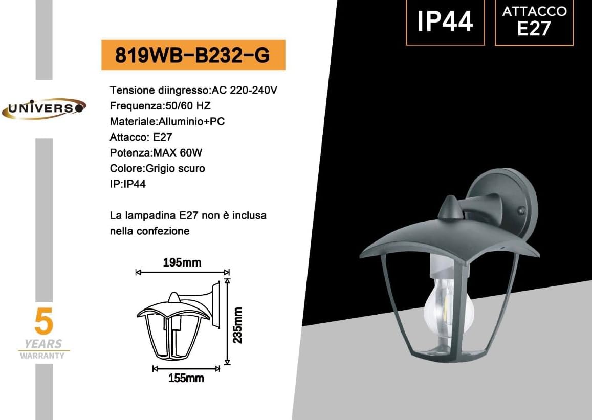 Applique da Esterno E27 IP44, Lampada da Parete Classica, Attacco E27 (Lampadina no), Impermeabile per Facciata, Balcone e Giardino - Bianco/Grigio Scuro B232