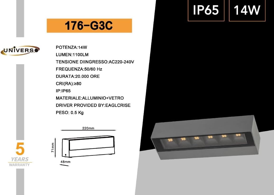 Applique LED da Esterno 14W IP65, Lampada da Parete Moderna in Alluminio e Vetro, 1100LM, Luce da Facciata Impermeabile per Giardino, Terrazza e Ingresso - Bianco/Grigio 176