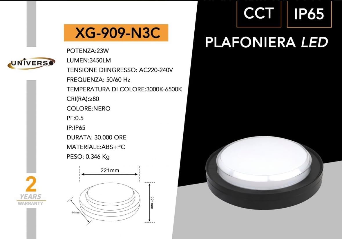 Plafoniera LED 23W IP65 CCT 3000K-4000K-6500K, Lampada LED da Soffitto Rotonda Impermeabile 3450LM in ABS+PC, per Bagno, Corridoio, Garage e Esterno – Bianco/Nero XG-909