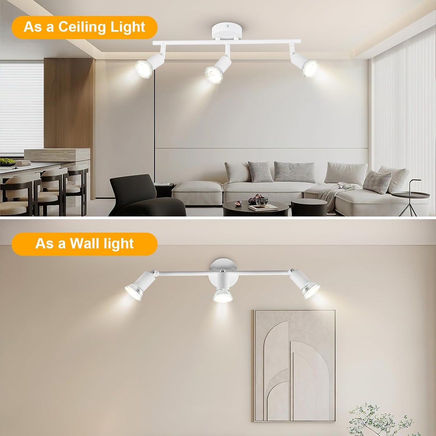 TEKHOME Faretti LED da Soffitto 3Luce Bianco - Lampada da Soffitto Orientabili Plafoniera Faretto Parete Moderna GU10 Luci da Soffitto per Soggiorno Corridoio Camera Cucina, Lampadina Non Incluse C72