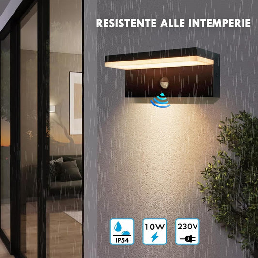 Applique LED da Esterno con Sensore di Movimento, 10W 1000LM CCT 2700K-6500K, Lampada da Parete Impermeabile Moderna in ABS+PC, per Giardino, Balcone e Ingresso – Bianco/Nero SS-ESA-01