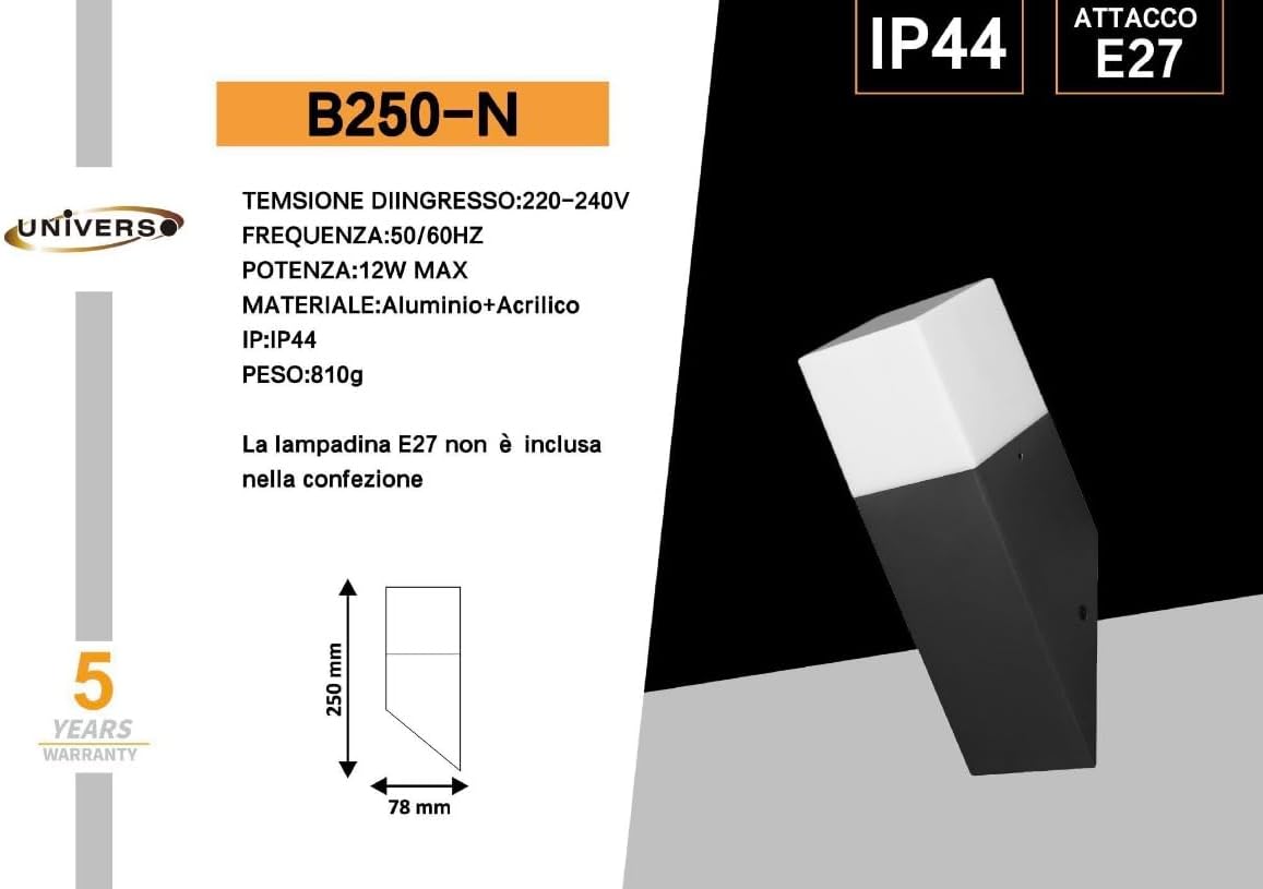 Applique da Esterno E27 IP44, Lampada da Parete Moderna in Alluminio e Acrilico, Attacco E27 (Lampadina no), Impermeabile per Giardino, Facciata, Balcone - Nero/Bianco/Caffè B250