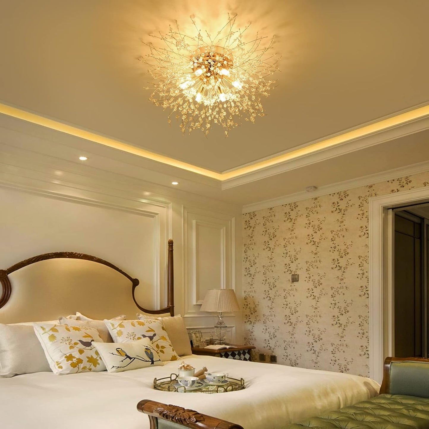 TEKHOME Lampadario Camera Da Letto Moderni, Oro/Argento, Plafoniera soffitto con cristalli di fuochi d'artificio, 10X G9, Lampade a sospensione pre Soggiorno, Cameretta PN-13