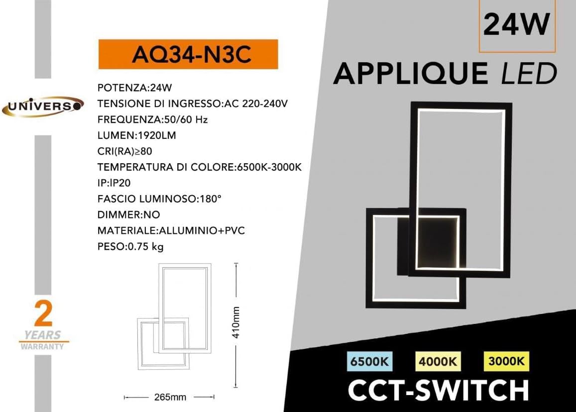 Applique LED Moderna 24W da Parete, CCT Switch 3000K/4000K/6500K, Lampada da Muro Design Geometrico per Soggiorno Camera Corridoio, IP20 – Serie AQ34