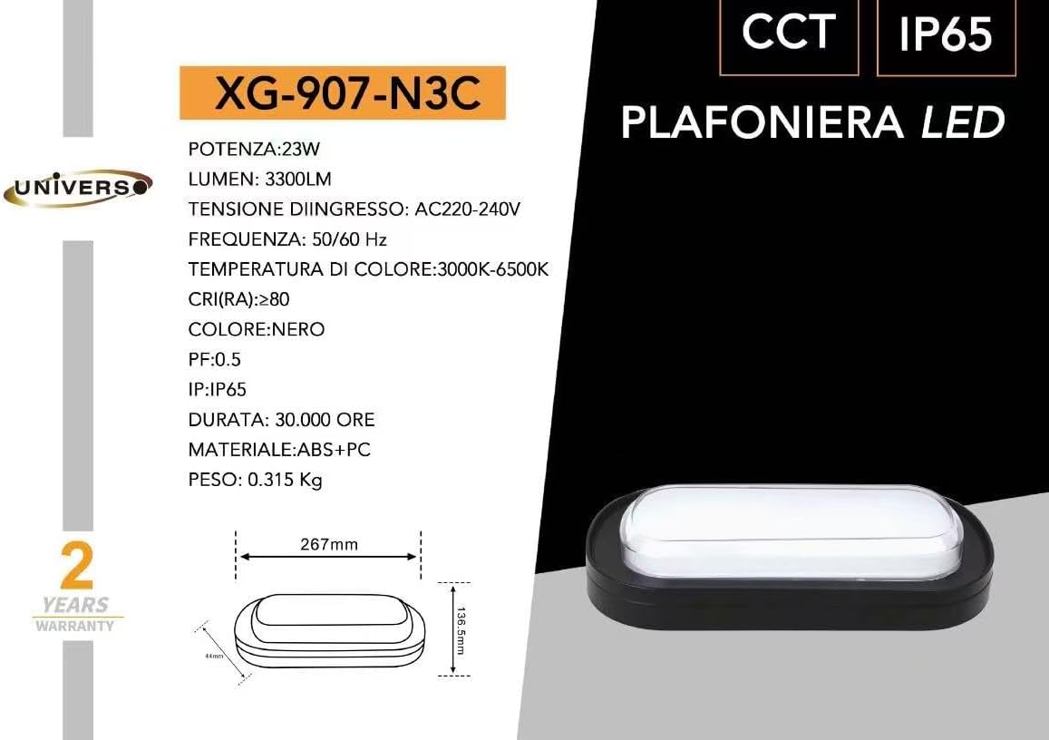 Plafoniera LED 23W IP65 CCT 3000K-4000K-6500K, Lampada da Soffitto Impermeabile in ABS+PC, 3300LM, per Bagno, Garage, Balcone, Giardino – Bianco/Nero XG-907