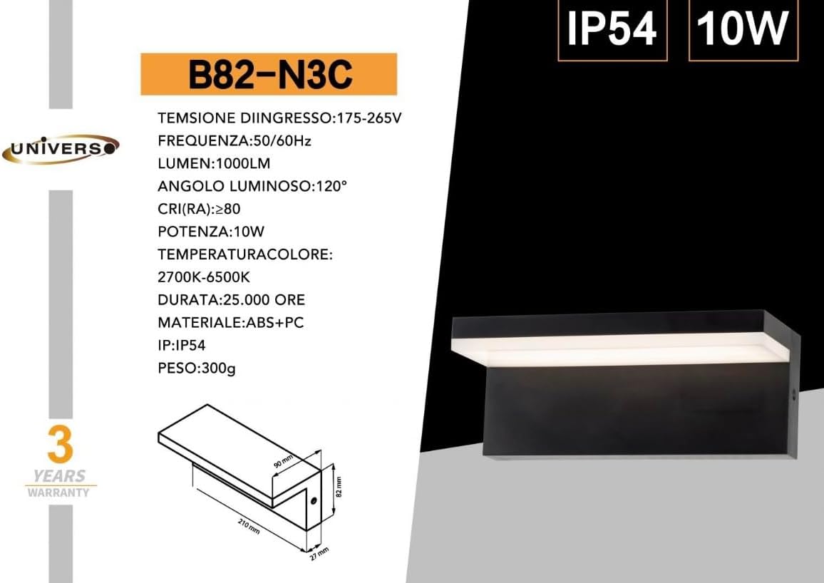 Applique da Esterno LED 10W IP54 – Lampada da Parete Moderna in ABS+PC, 1000LM, 3 Colori CCT Regolabile, Colore Nero o Bianco, per Facciate, Giardini e Balconi B82