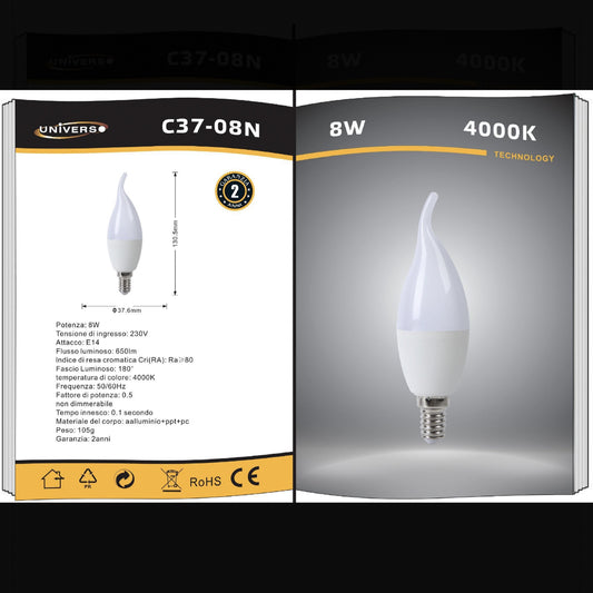 6 Pezzi Lampadina LED E14 8W Candela, Luce Fredda/Naturale/Calda, 230V, Risparmio Energetico C37-08
