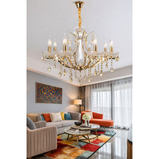Lampadario Classico in Cristallo 8 Luci E14, Stile Elegante per Soggiorno e Sala da Pranzo, Struttura in Alluminio e Vetro – A60-8