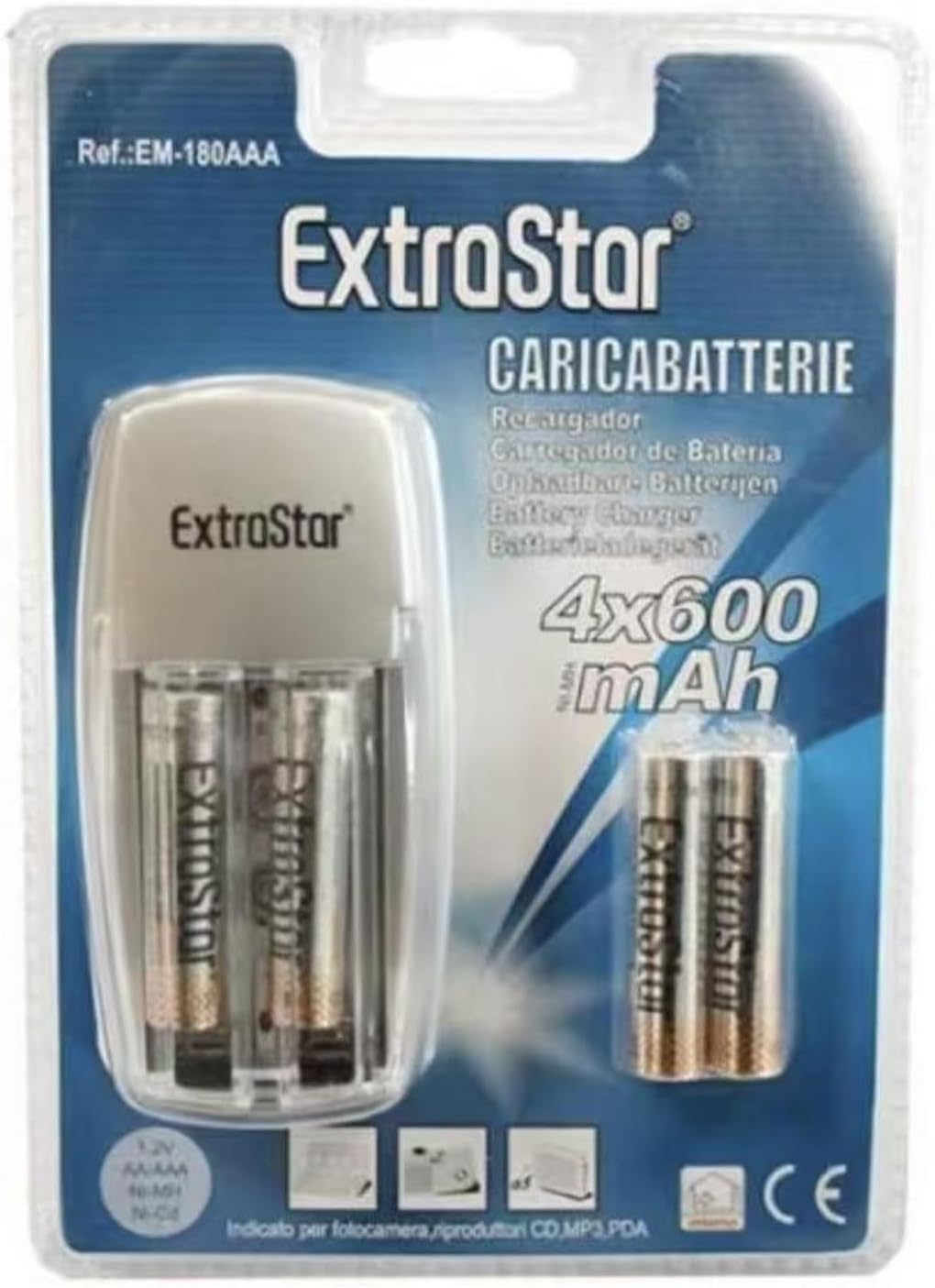 Caricabatterie con 4 Batterie Ricaricabili AAA 600mAh Ni-MH, Caricatore Compatto per Uso Domestico e Viaggio, Set Pronto all’Uso – EM-180AAA
